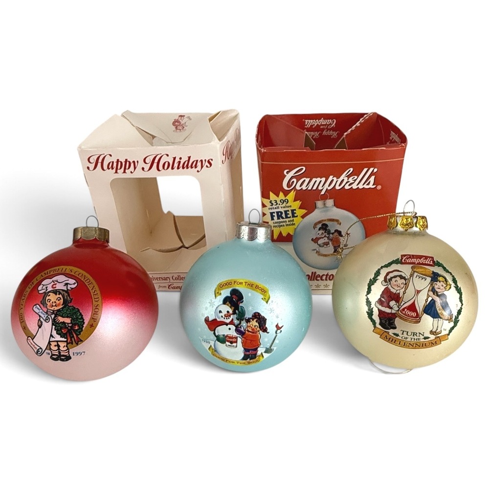 3 Campbells Soup Kids Christmas Ornaments Glass Vintage 1997 1998 1999 Set Lot